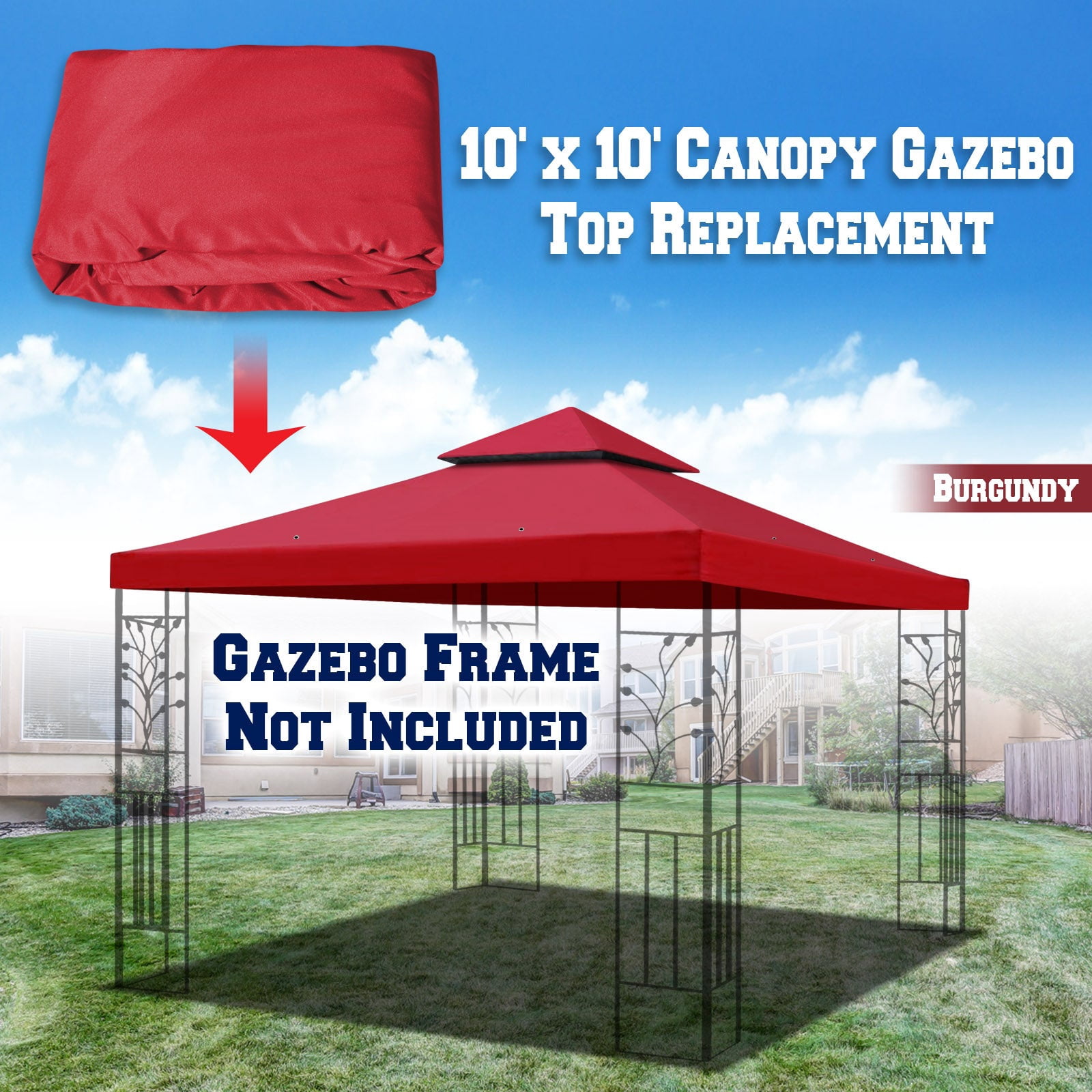 SUNRISEUMBRELLA 119“”x119” Gazebo Replacement Canopy Top Double Tier Canopy Top Cover(BURGUNDY)