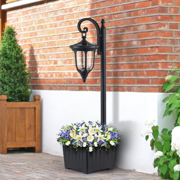 C Cattleya 1-Light Black Solar Outdoor Post Light with Planter and Crackle Glass
