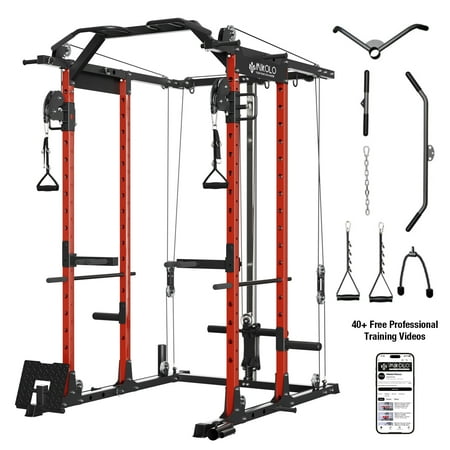 Mikolo Power Rack Cage, Weight Rack with Cable Crossover Machine,Multi-Function Squat Rack with J Hooks,Dip Bars and Landmine for Home Gym (Red)