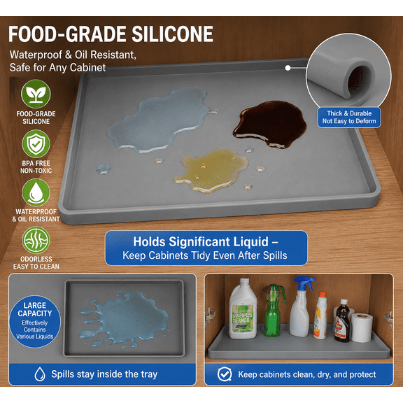 Waterproof Under Sink Mat 34" x 22" Shelf Liner for Kitchen and Bathroom, Cabinet Protector, Organizers and Storage, Flexible Silicone Drip Tray