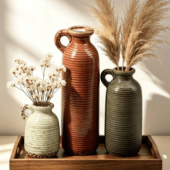 Ceramic Vases Set of 3, Neutral Rustic Farmhouse Vase with Handle, Decorative Flower Vases Home Decor Modern Boho Pampas Grass Vase for Table Mantel Entryway Shelf Living Room Kitchen Bathroom