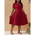 thumbnail image 5 of Plus Size Women's Solid Color Short Puff Sleeve Pleated Hem Dress Coffee Brown Casual Dress, 5 of 12