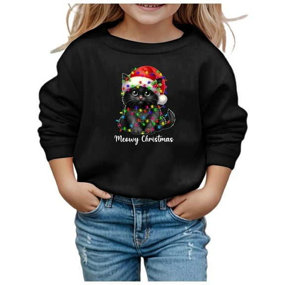 XDZJLR Kids Girl Christmas Sweatshirt Hoodie Xmas Casual Fashion Printed Long Sleeved Crew Neck Sweatshirts Hoodies Black 3-4 Years