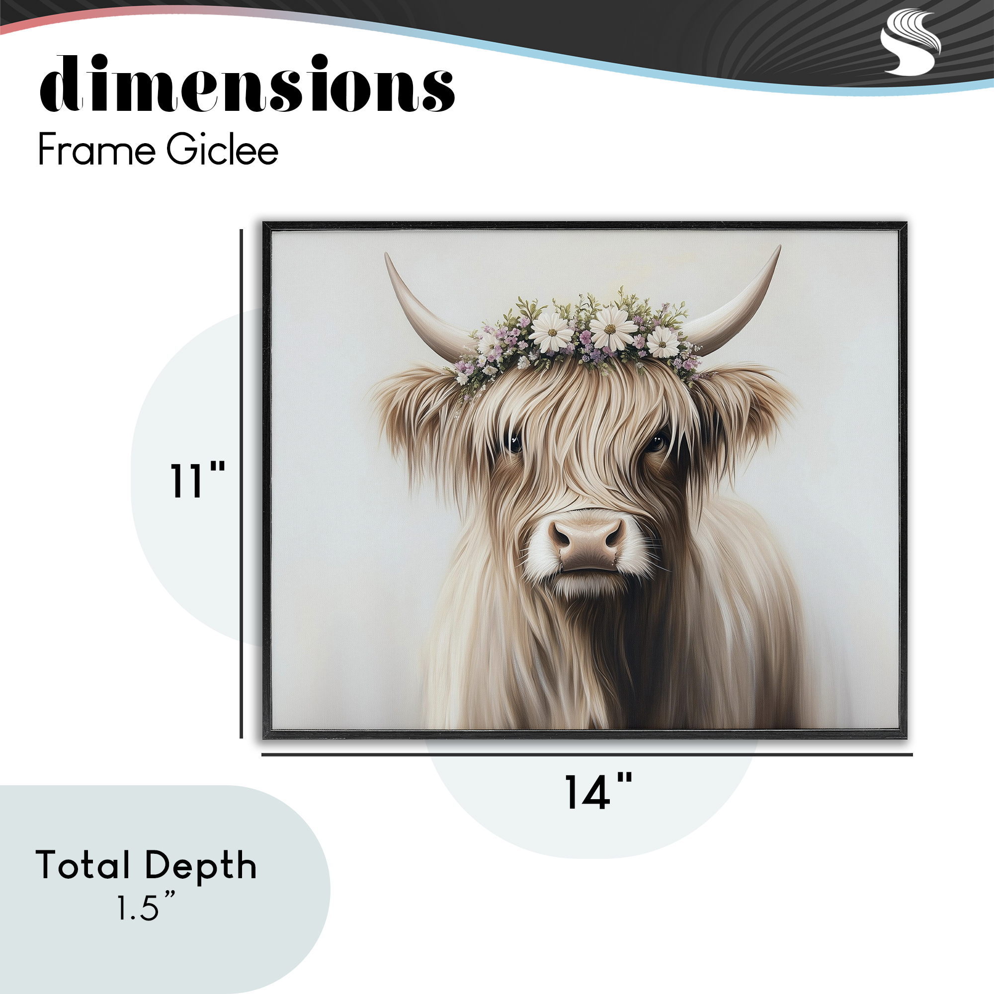 Shaggy Cattle Floral Crown Black Framed Giclee Art, design by Shawna Stewart