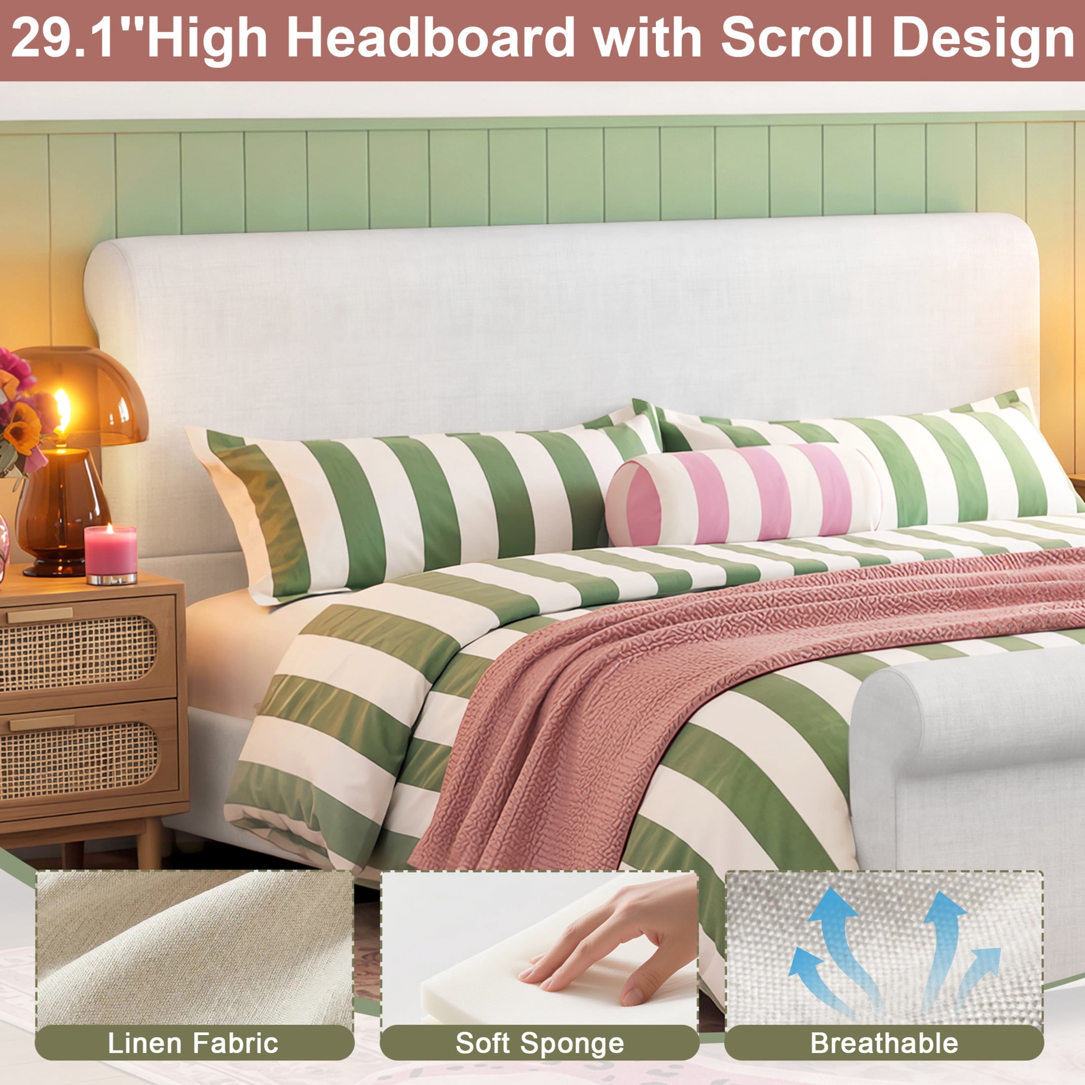 GDF Studio Flora King Size Upholstered Sleigh Bed Frame with High Headboard, Solid Wood Legs & Slats Support, Beige