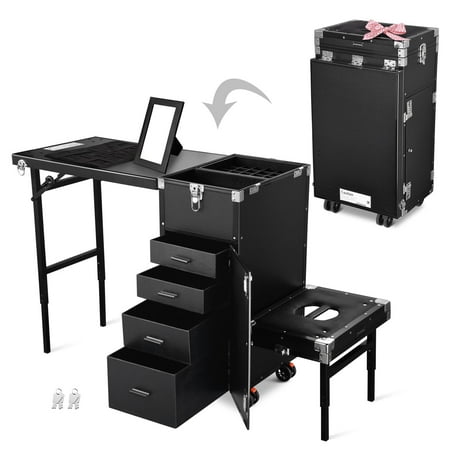 Byootique Rolling Makeup Train Case Patented Design Pedicure Nail Salon Nail Foldable Trolley Cosmetic Organizer Black with Stool