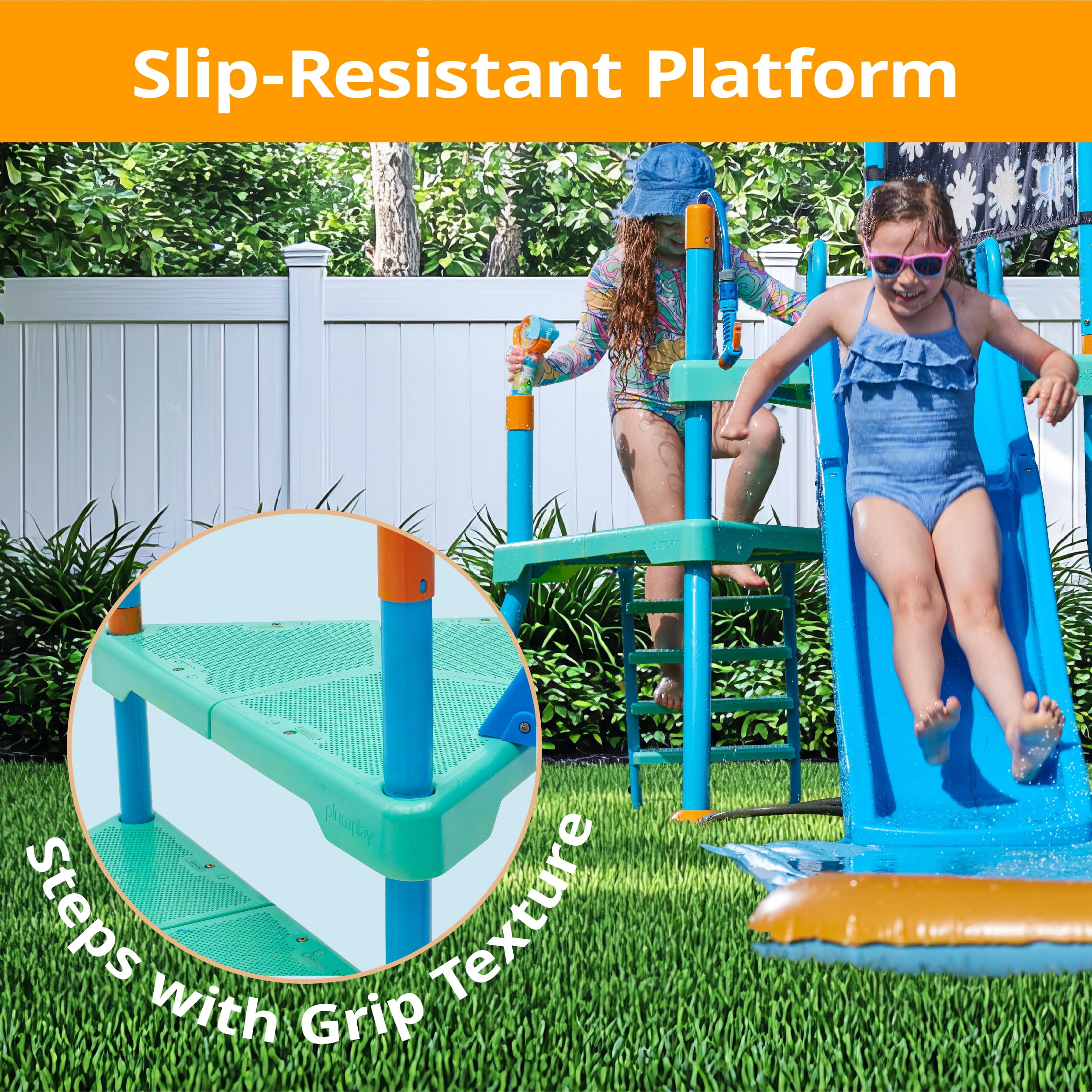 Plum Play Kids Outdoor Water Slide Play Equipment - with Built-in Toy Sprinklers, Backyard Waterpark with Bubble Blower, Coloring Wall 3 Years+, Up to 220 lbs (Shower Tower)