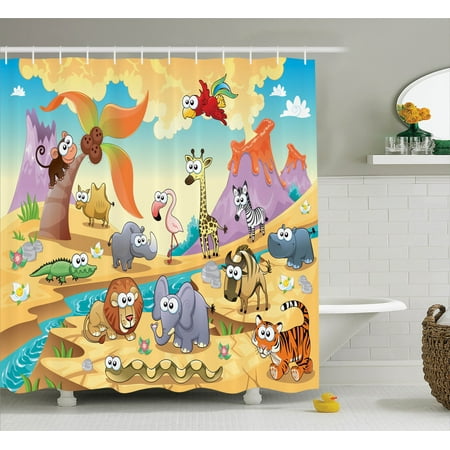 Savannah Bathroom Accessories Cartoon Decor Shower Curtain Set, Savannah Animal Family With Volcanos Mammals Nature Beasts Hippo Camel Cartoon Sketch Design, Bathroom Accessories, 69W X 70L Inches, By Ambesonne ()