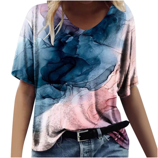 JURANMO Women's V Neck T Shirts, Women Mode V-Neck Manches Courtes Tops Dégradé Couleur Décontracté Ample Basique T Shirt Offres du Jour Rose m