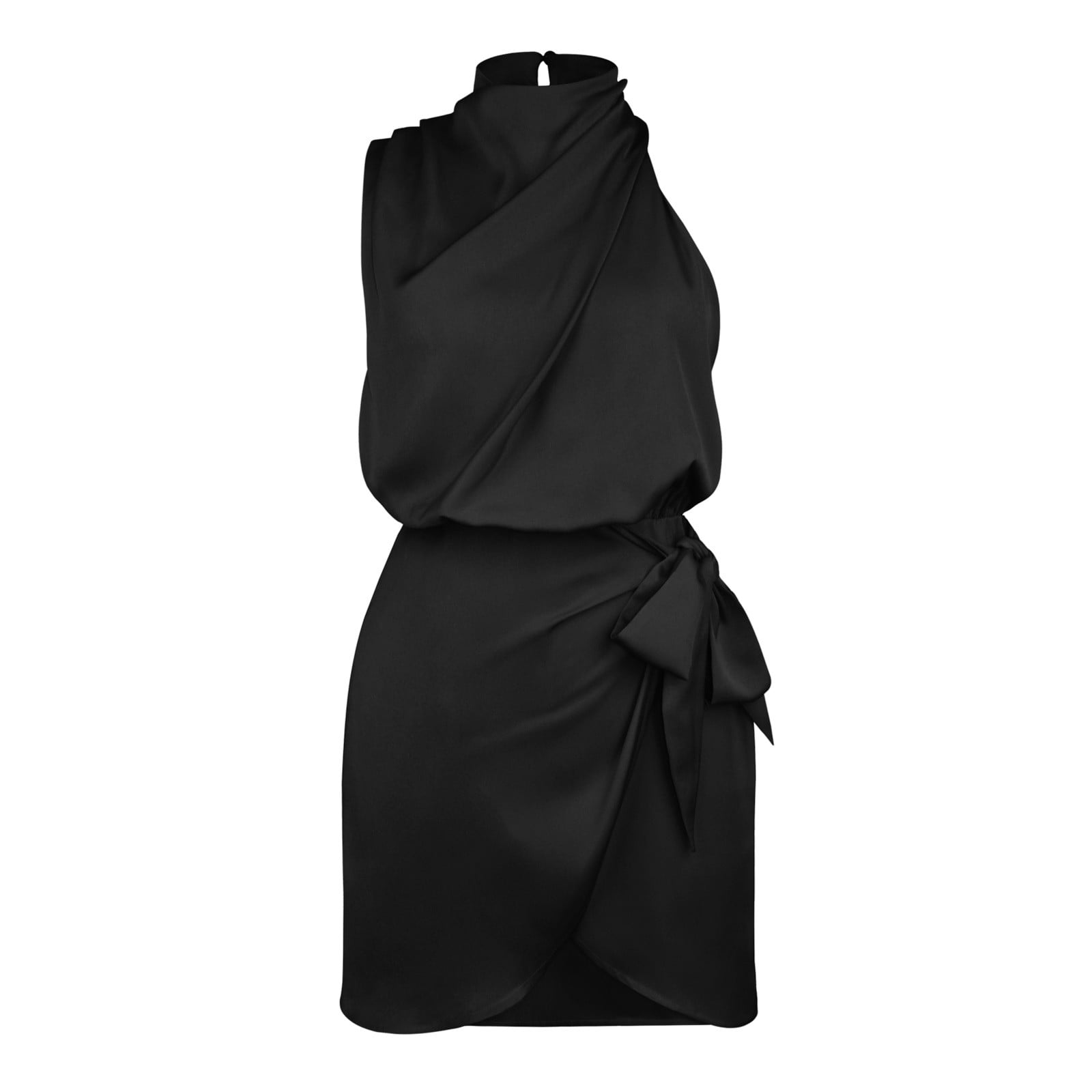 Black satin halterneck wrap bodycon dress hotsell