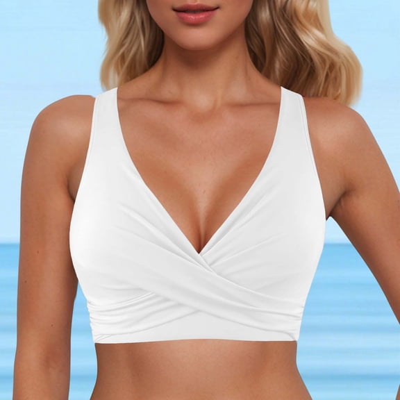 Bikini Top for Women Solid Color V Neck Push Up Padded Swimsuit Cross Strap Style Swim Tops Only(White,S)