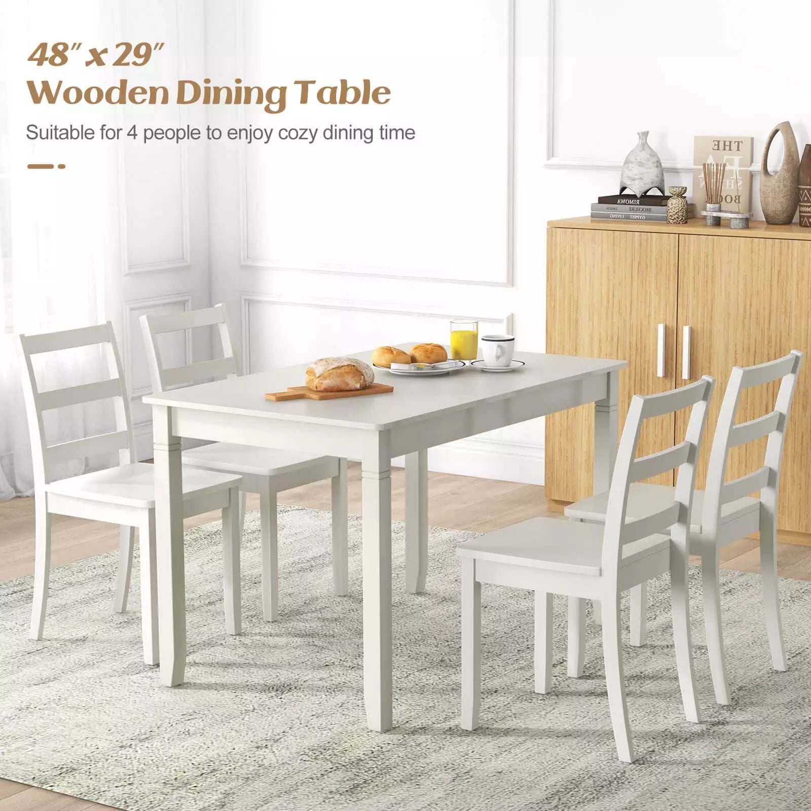 Harmijoy 4-Person Wooden Dining Table, 48 "Rectangular Kitchen Table with Rubber Wooden Legs, Minimalist Dining Table in Small Space Apartment Farmhouse,White