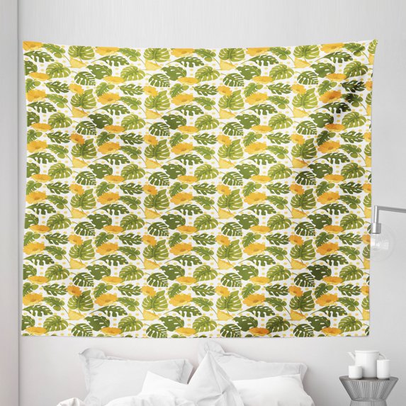 Leaves Tapestry, Monstera Plants and Blossoming Flowers from Hawaii Tropical, Fabric Wall Hanging Decor for Bedroom Living Room Dorm, 5 Sizes, Olive Green Pale Yellow, by Ambesonne