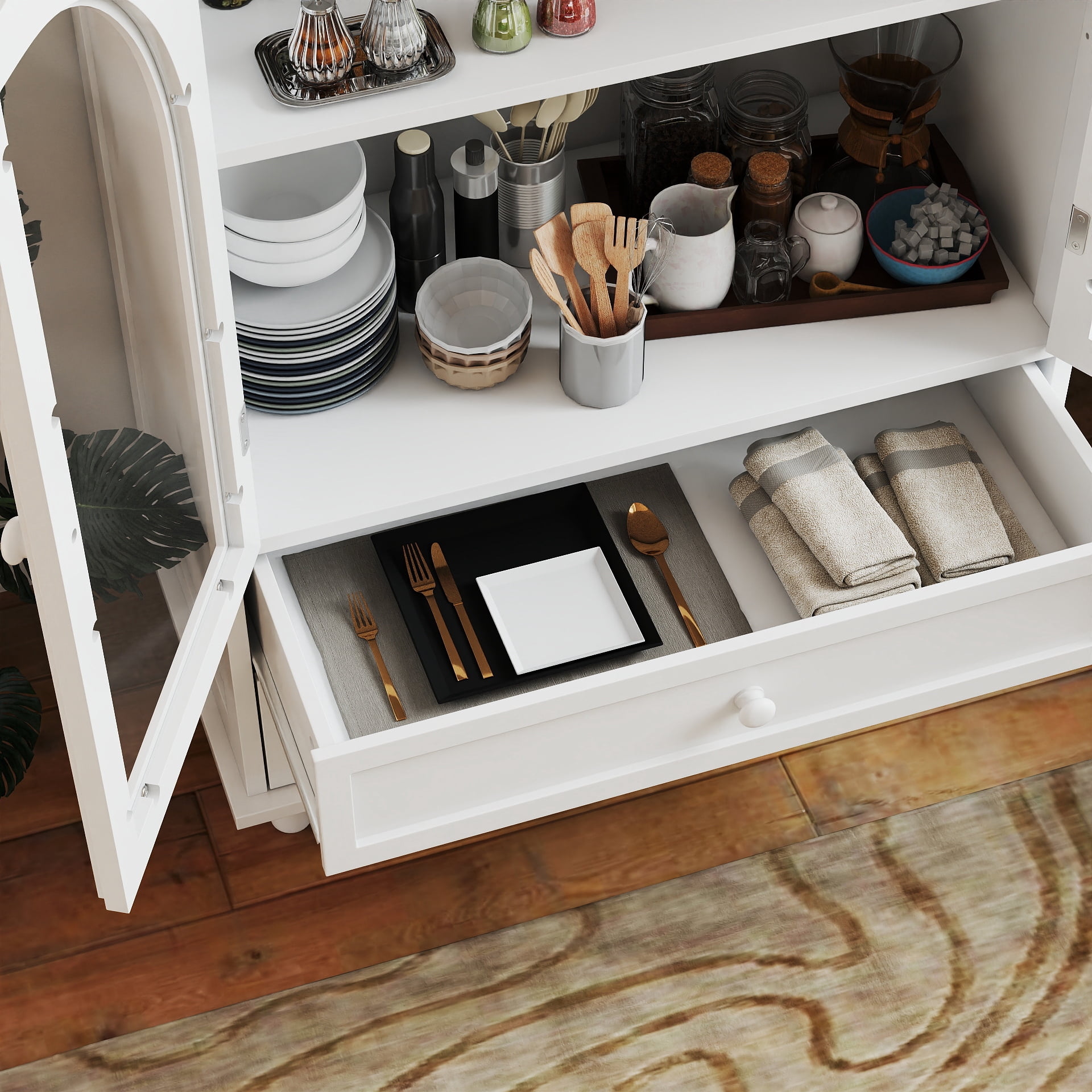 Aukfa Buffet Pantry Cabinet,Arched Glass Door Wood Sideboard Storage Cabinet for Dining Room Hallway Entryway,White