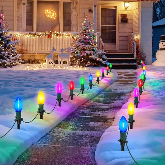2 Pack 45Ft C9 LED Christmas Pathway Lights Outdoor, 30 Multicolor Bulbs Connectable Christmas Walkway Lights with Stakes for Yard Lawn Sidewalk Driveway Christmas Decorations
