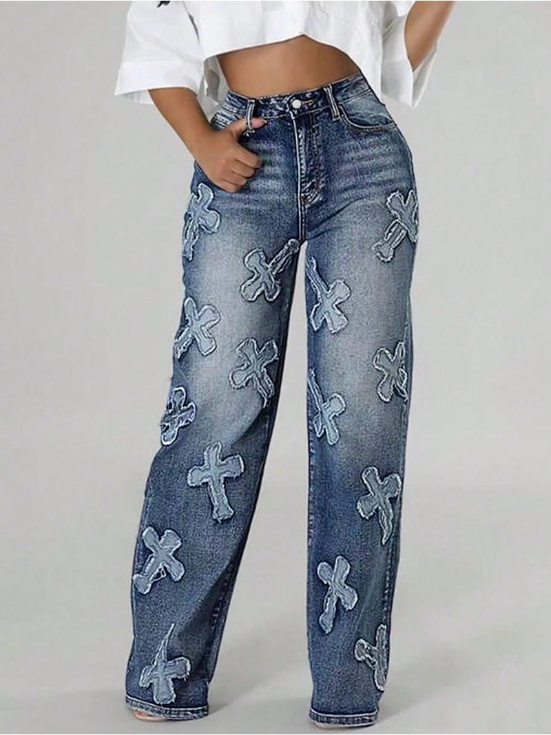 Women's High - Waisted Wide - Leg Jeans Cross Patch Design Y2K