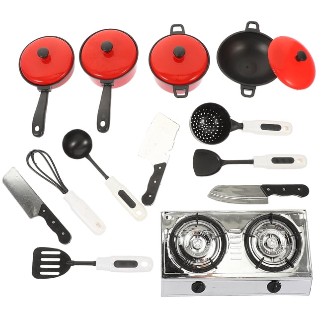 kakowely 1 juego de juguetes de cocina simulados, juguete de cocina de simulación, mini olla de cocina, juguetes Plata set de cocina infantil en vista cenital: tres cacerolas con tapas rojas y mangos negros, sartén honda con tapa, estufa de dos quemadores plateada, espátula, cucharón, colador, batidor y varios cuchillos de juguete en plástico blanco y negro; tamaño aproximado en ficha 21.5x12.5x3 cm, adecuado para juego de roles y estimular la imaginación.