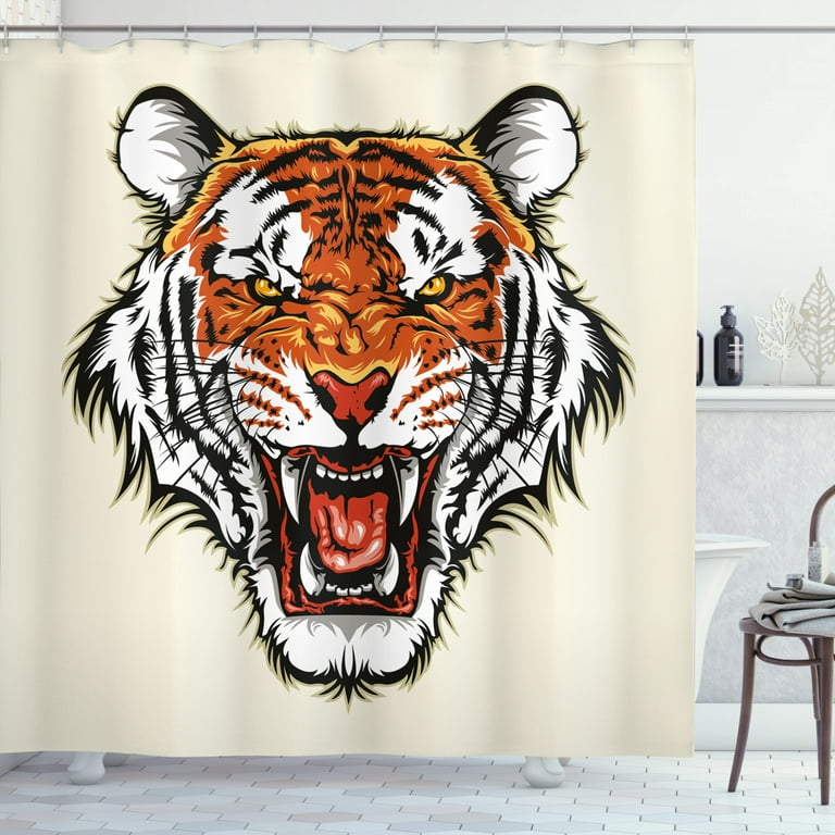 Ambesonne Tiger Shower Curtain, Ready to Attack in Jungle, 69Wx70L,  Orange Black
