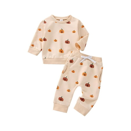 

LWXQWDS Infant Baby Boys Girls Halloween Outfit Pumpkin Sweatshirt Pullover Tops Long Pants Fall Winter Clothes Apricot 6-12 Months