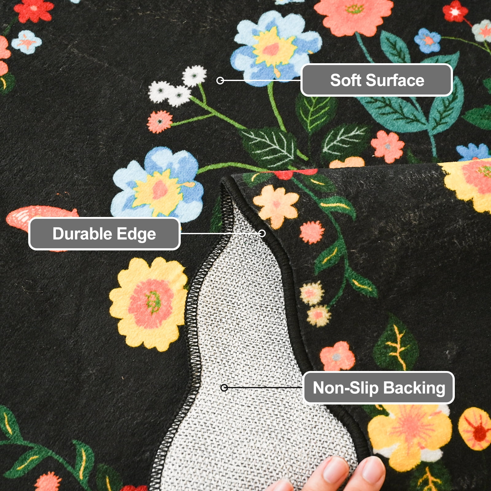 Pentantan Floral Area Rugs 6'x9', Machine Washable Rug for Living Room Non-Slip Vintage Soft Indoor Carpet for Bedroom, Dining Room, Playroom, Office, Black