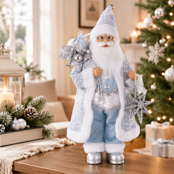 Blue 18-Inch Standing Santa Christmas Figurine Elegant Holiday Home Decor
