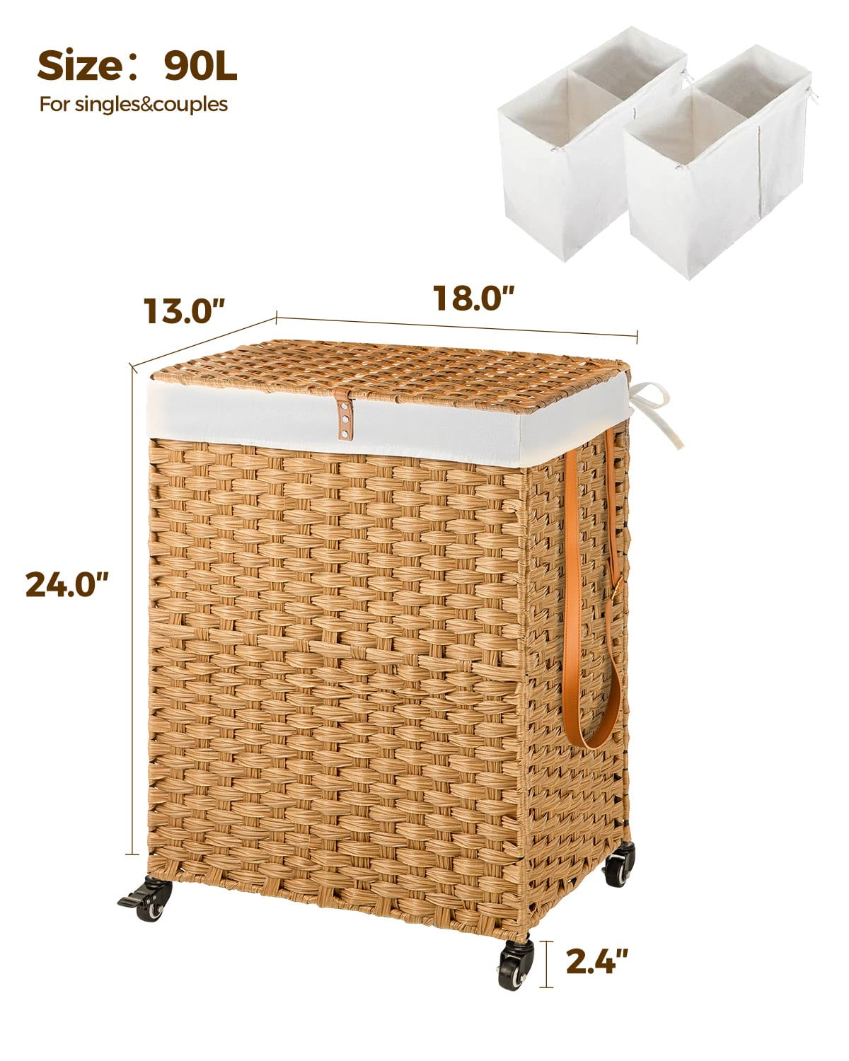 Rolanstar 90L Laundry Hamper with Wheels, No Install Needed, Divided Handwoven Hampers & 2 Removable Liner Bags, Synthetic Rattan Clothes Laundry Basket with Lid & Handles, Foldable Hampers Natrual