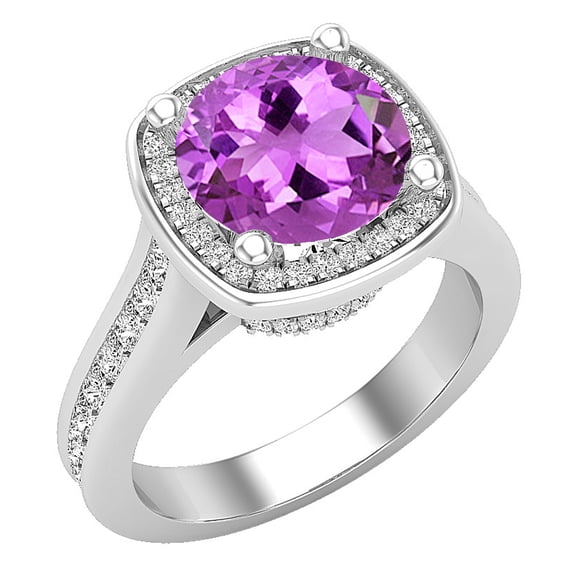 Dazzlingrock Collection 8mm Round Amethyst & White Diamond with Princess Halo Style Engagement Ring for Women (0.75 ctw, Color I-J, Clarity I1-I2) in 14K White Gold, Size 8