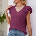 thumbnail image 4 of Pompotops Womens Spring And Summer Flounce V-neck Solid Color Bottom T-shirt Top Clearance, 4 of 5