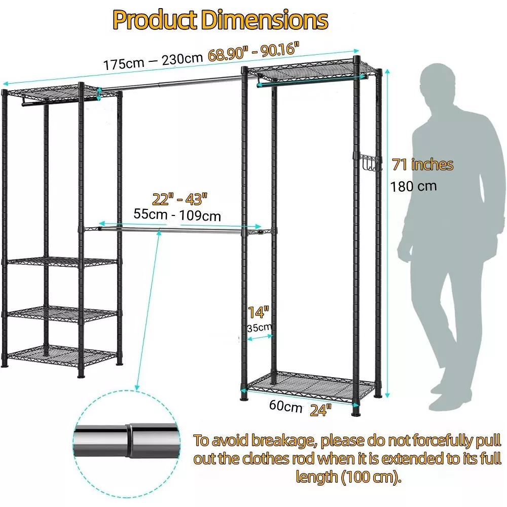Sailvan 3-Tier Heavy Duty Garment Rack with Wheels, Adjustable Wire Clothes Rack with Double Hanging Rods & Side Hooks, Portable Closet,Black