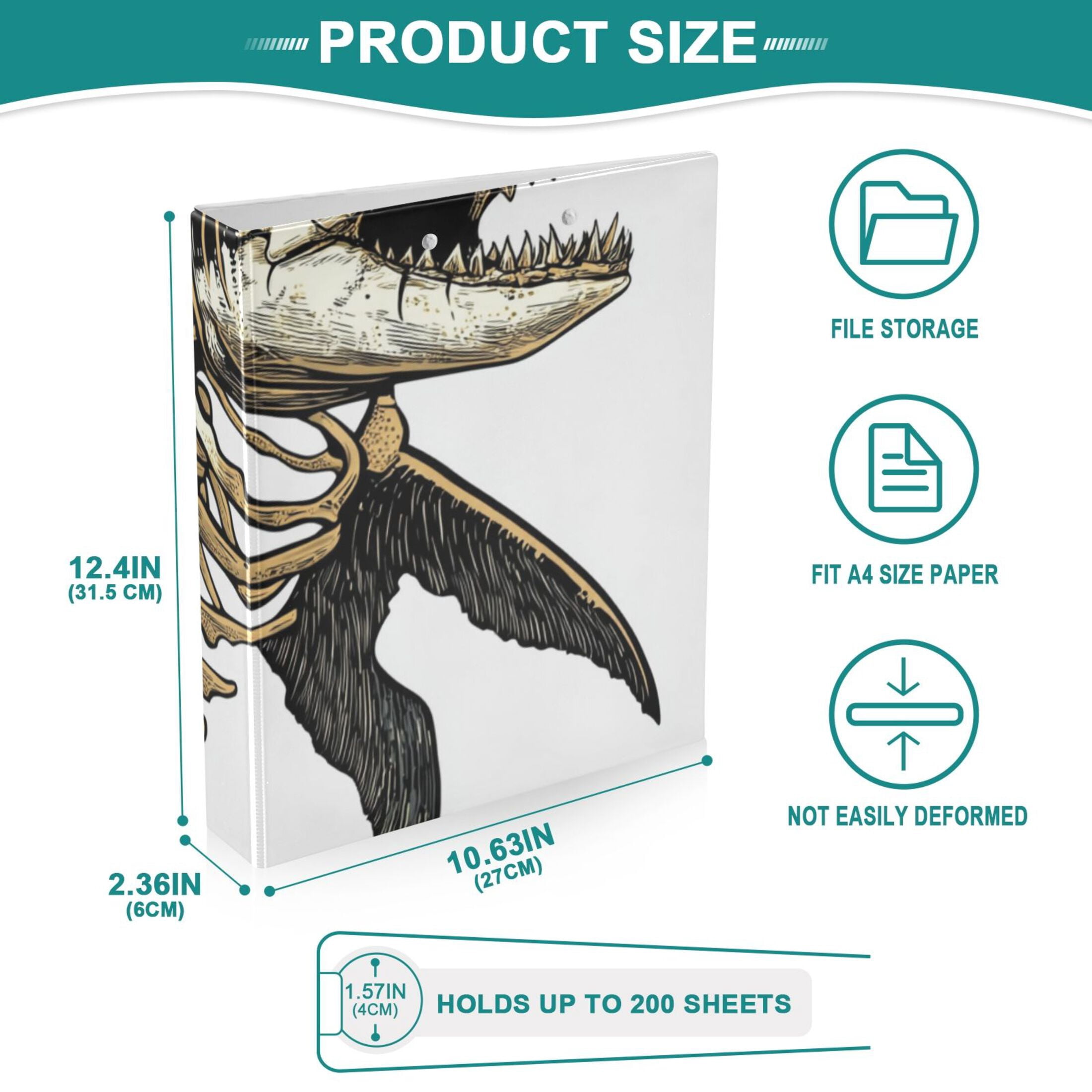 Shark Skeleton 3 Ring Binders 1.5 inch Hardcover File Folders with Interior Pockets A4 Size Organizer for School Office Hospital