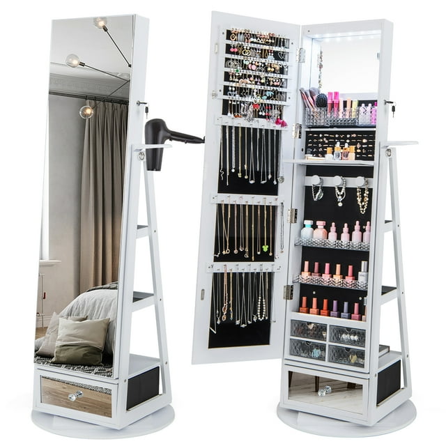 Gymax Armoire à Bijoux Pivotante à 360°, avec Lumières Intégrées, Blanc