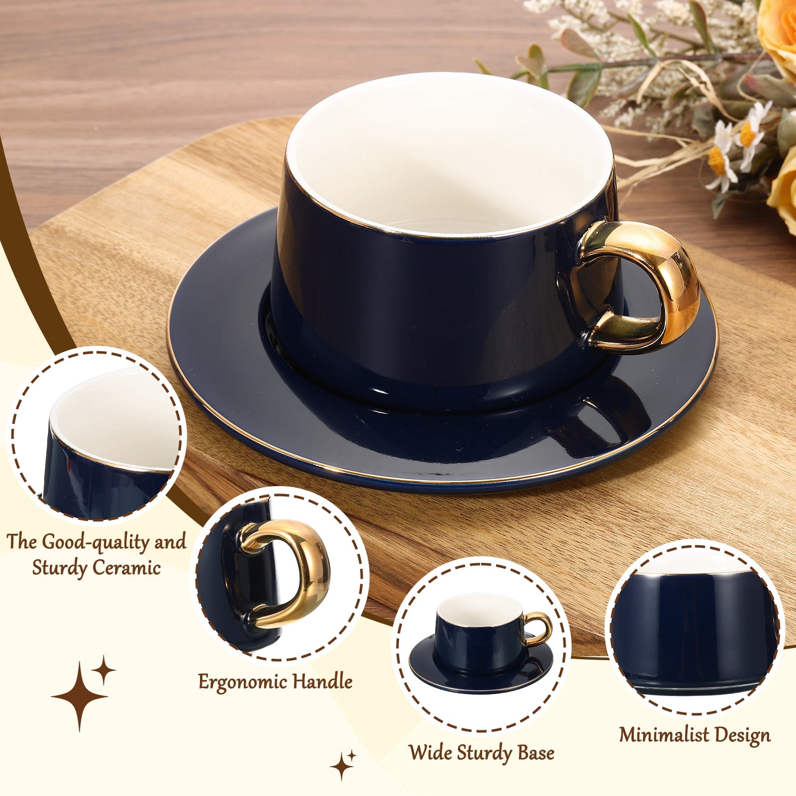 Uxcell 10oz Ceramic Coffee Mugs with Saucer Set, Creative Cute Cup with Handle Unique Irregular Design for Coffee Lovers Gift Tea Espresso Latte Kitchen Cafe Party Dishwasher, Navy Blue