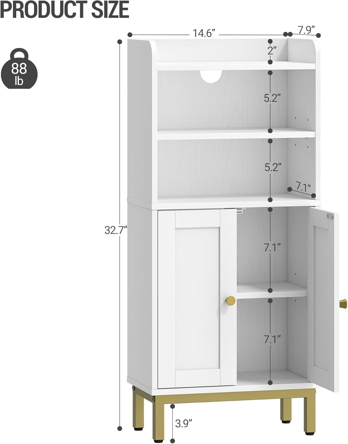 Bathroom Storage Cabinet, Small Floor Cabinet with 2 Door and Shelves, Toilet Paper Cabinets, Bathroom Organizer with Adjustable Shelf, for Small Spaces White 7.9" D x 14.6" W x 32.7" H