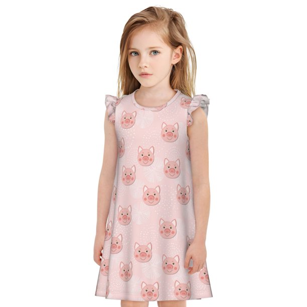 Fotbe Cute Pig Face Vestido de Dormir para Niñas de 3 a 10 Años, Mangas Cortas, Estilo Princesa, Pijama Camisón con Mangas Voladas-Large