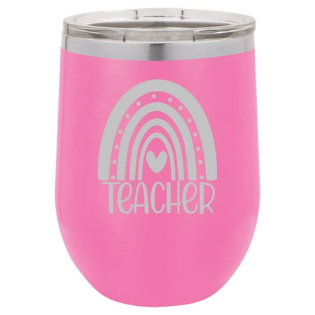 

12 oz Double Wall Vacuum Insulated Stainless Steel Stemless Wine Tumbler Glass Coffee Travel Mug With Lid Boho Rainbow Teacher (Hot Pink)