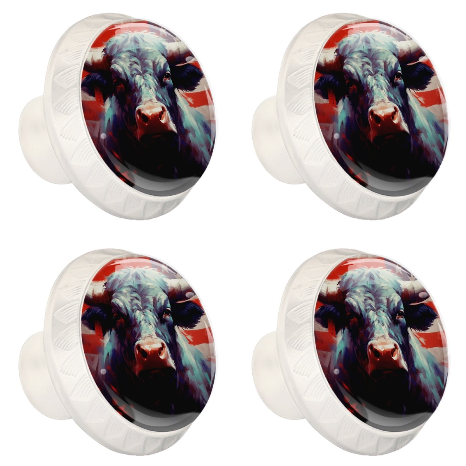 4 Pcs Cow American Flag Knobs for Kitchen Cabinet Cupboard Dresser Bookcase Drawer Pulls Handles Round Home Decor