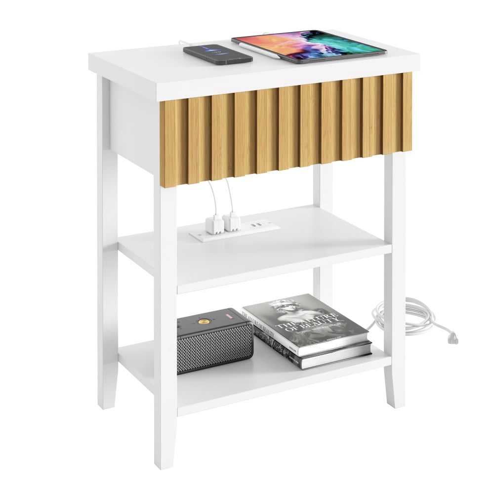 Fluted Nightstand with Charging Station, 2 USB Ports & 2 AC Outlets, Farmhouse Bedside Table with Drawer & 2 Open Shelves, White