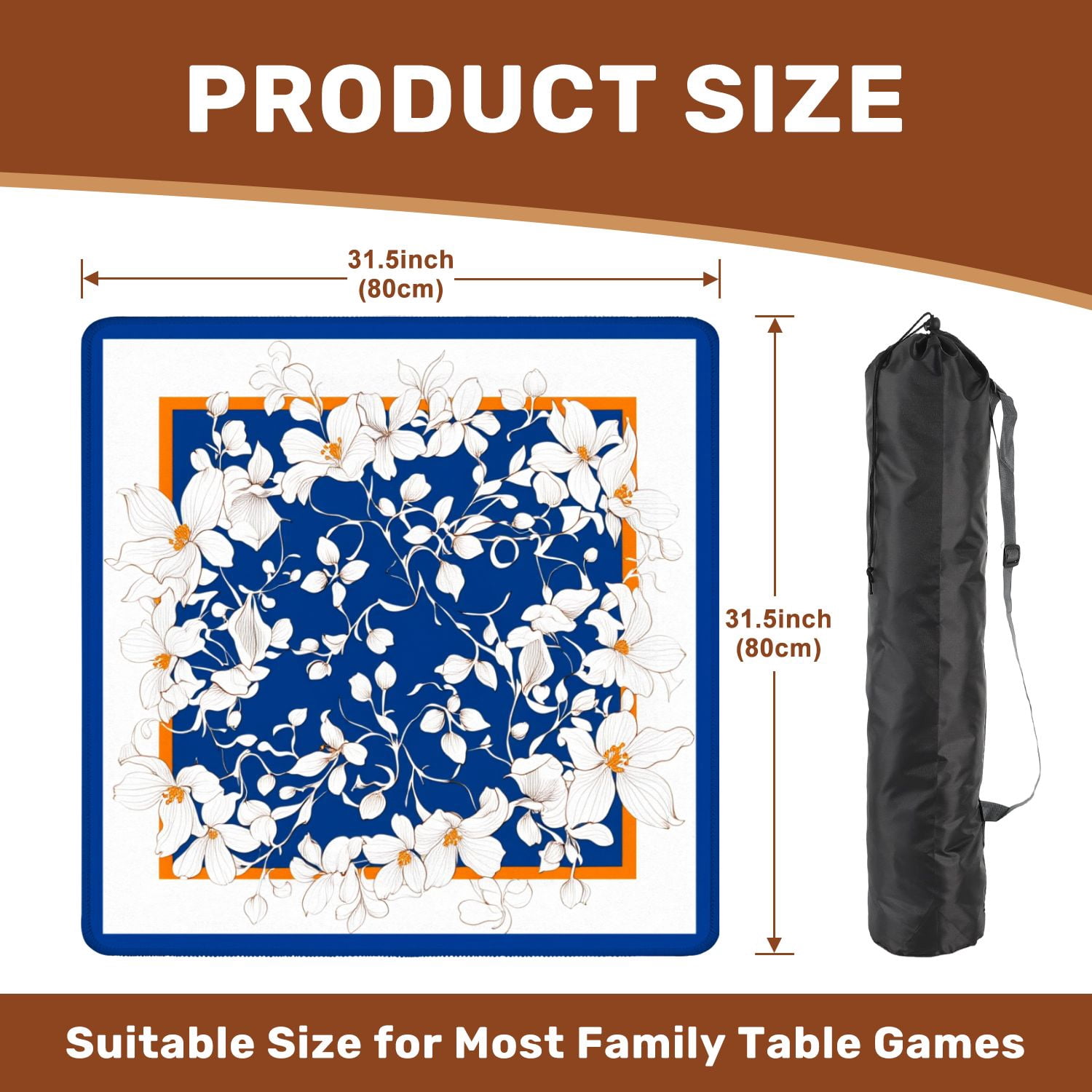 Mahjong Mat 31.5" x 31.5" White Floral Orange Accents Deep Blue Elegant Line Art Design Non-Slip Noise Reduction American Mahjong Tiles Table Cover for Dominoes Poker Card Board Games Gift