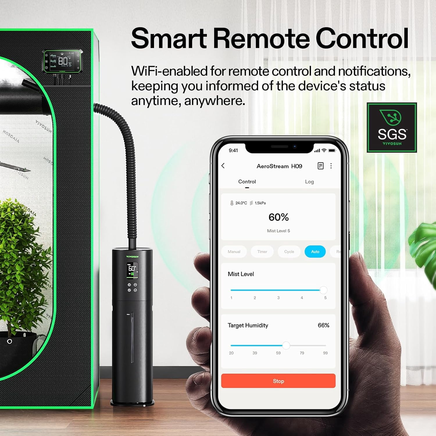 VIVOSUN AeroStream H09 Intelligent Wi-Fi Humidifier, 2.38 Gal / 9 L Humidifier with Temp & Humidity Probe, Smart Remote Control, Designed for Growers