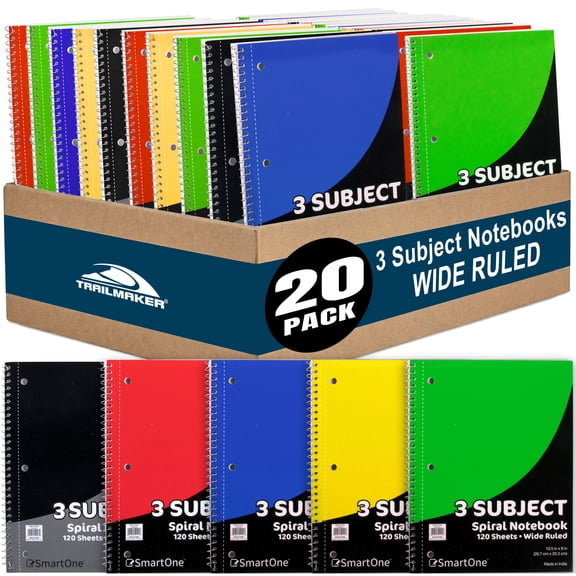 20 Pack of Bulk Wholesale 3 Subject 120 Sheet Wide Ruled Lined Spiral Notebooks in Assorted Colors