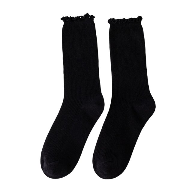 enjoywould 1 Pair Japanese Style Ribbed Thermal Socks Spring Autumn Women Ruffle Cuffs Mid-Tube Socks