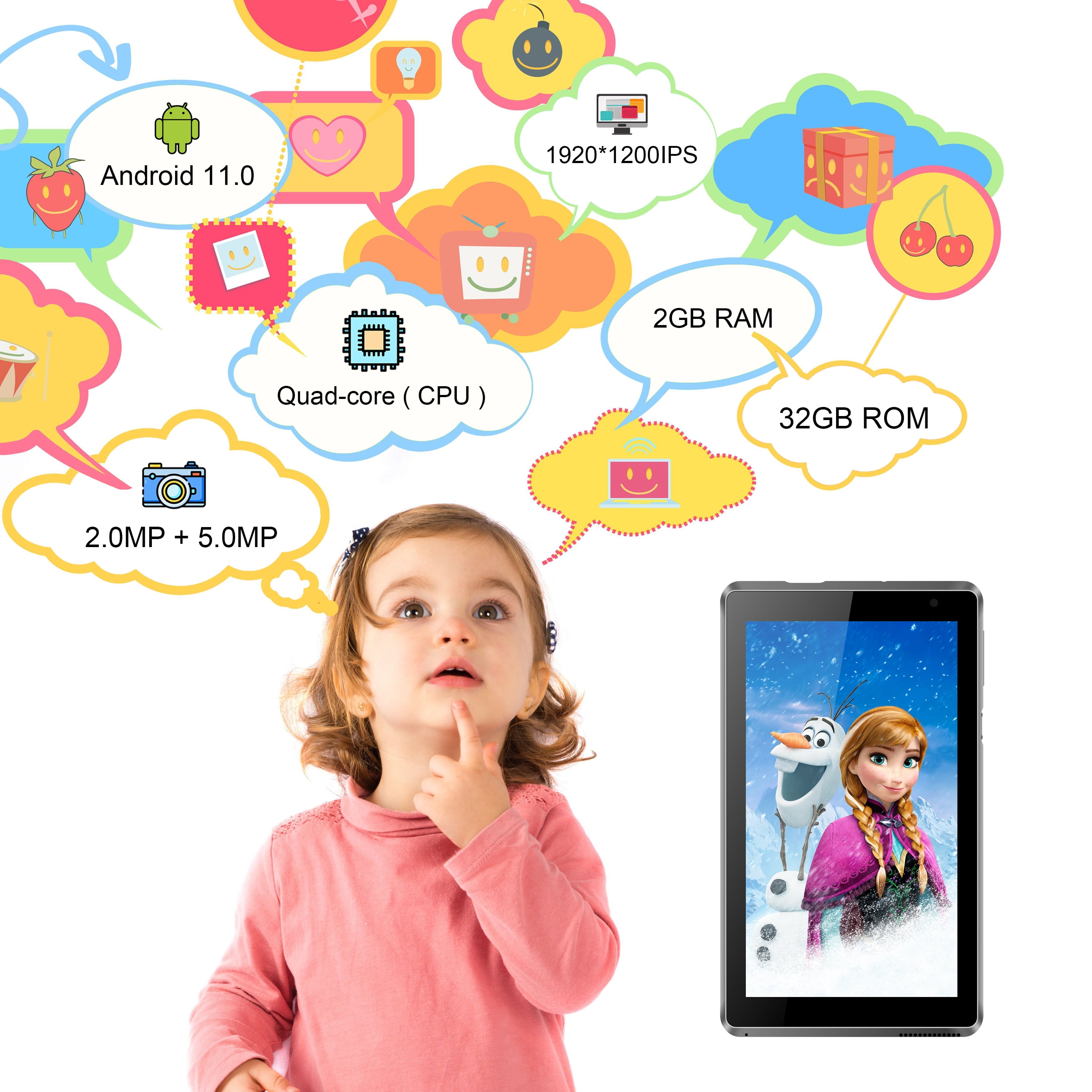 Kids Tablet,7" Android Tablet for Kids,2GB RAM 32GB ROM,1920 * 1200 IPS HD Display, 0.3MP Front 2 MP Rear Camera,Wi-Fi,Bluetooth Kids Tablets,Ideal Kids Gift for Christmas and New Year