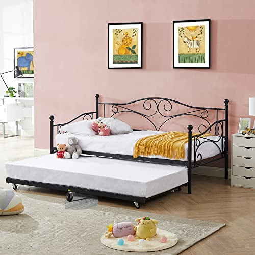 VECELO Twin Only Roll Out Trundle Bed Frame Enhanced Metal Slats