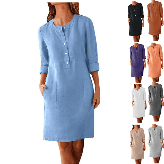 CALAFEBILA Summer Dresses for Women 2025 Vacation Long Sleeve Solid Color Knee Length Shirt Dress Cotton Linen Button Down Long Women's Dresses