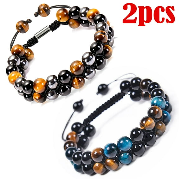 2pcs Triple Protection Bracelet for Women and Men - Bring Prosperity, Good Luck - with 8mm Crystal Beads of Hematite, Black Obsidian, Tiger Eye - Stone Bracelets