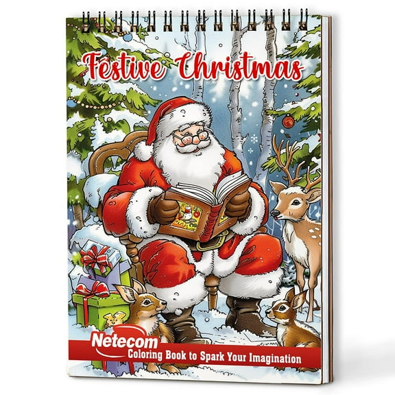 Netecom Festive Christmas Coloring Book Spiral Bound for Adults, A5 Wooden Cover, 30 Xmas Theme Coloring Pages of Winter Holidays for Stress Relief and Relaxation