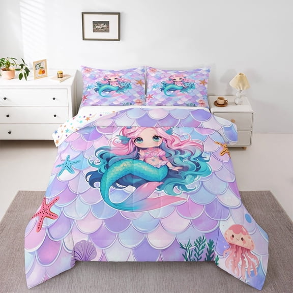 jejeloiu Chic Cartoon Mermaid Bedding Comforter Set,Magic Ocean Animnal Twin Comforter Sets,Colorful Fish Scale Bedding Set For Girls Child,Super Cozy Room Decor Reversible,2-Piece