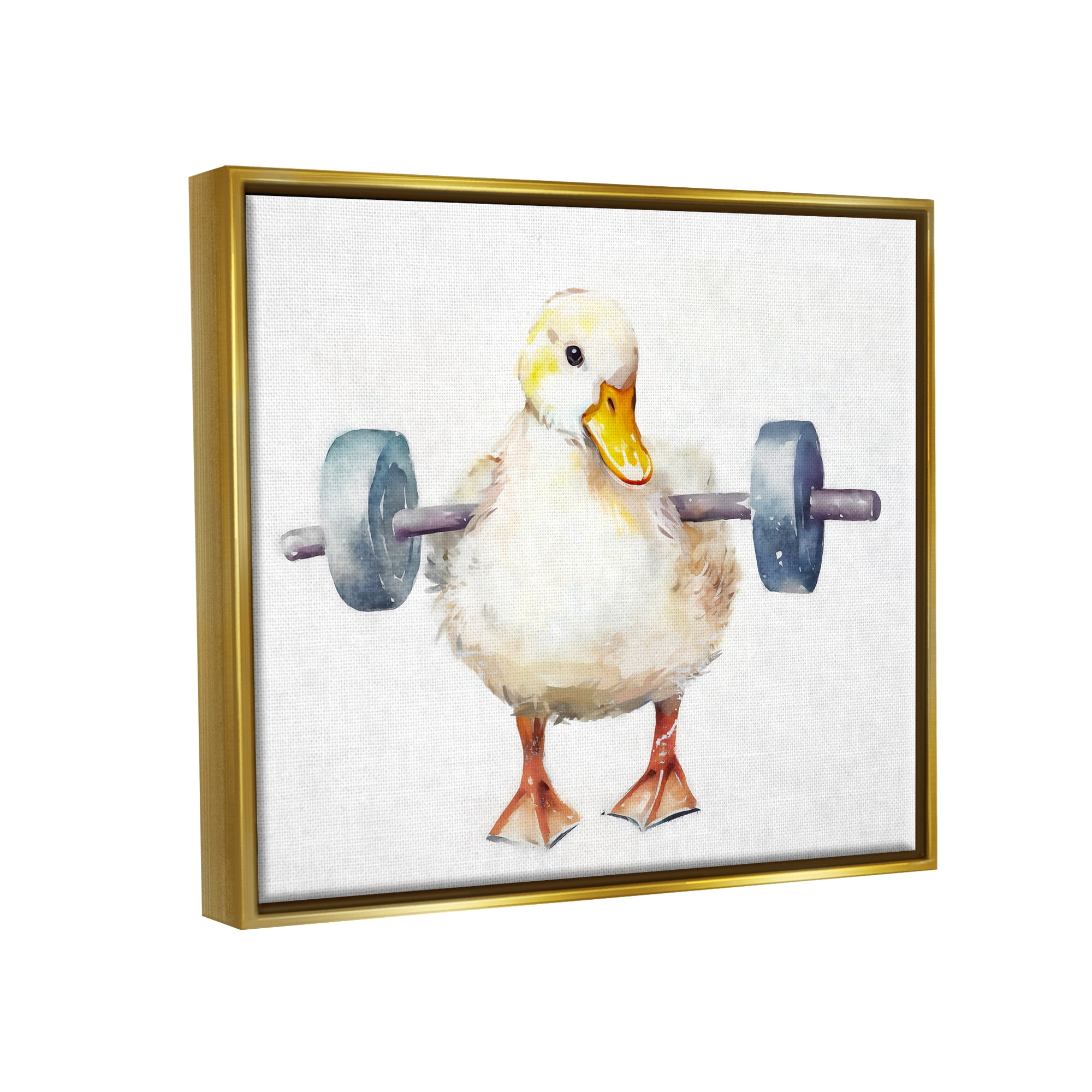Stupell Industries Duck Lifting Weights Animals & Insects Painting Gold Floater Framed Canvas Art Print Wall Art, 31 x 25