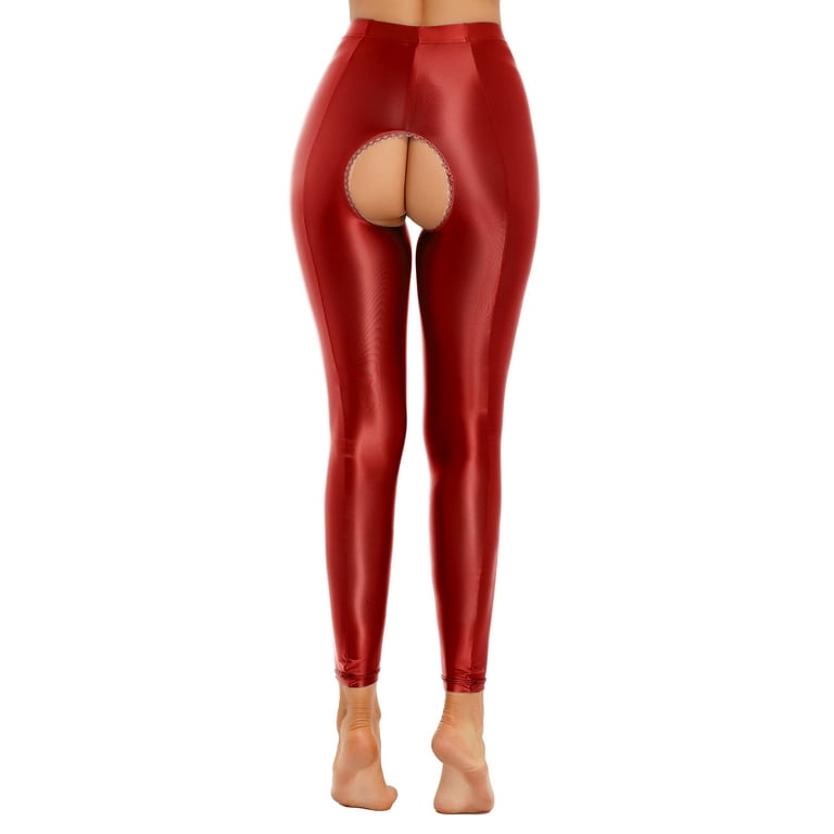 Yeahdor Womens Glossy Pantyhose Shiny High Waisted Open Crotch Tights  Leggings Red L 