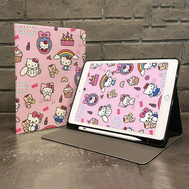 Kawaii Sanrio HelloKitty Kuromi Ipad Protective Case Cartoon with Pen Slot Book Style All Inclusive Anti Fall Protective Case